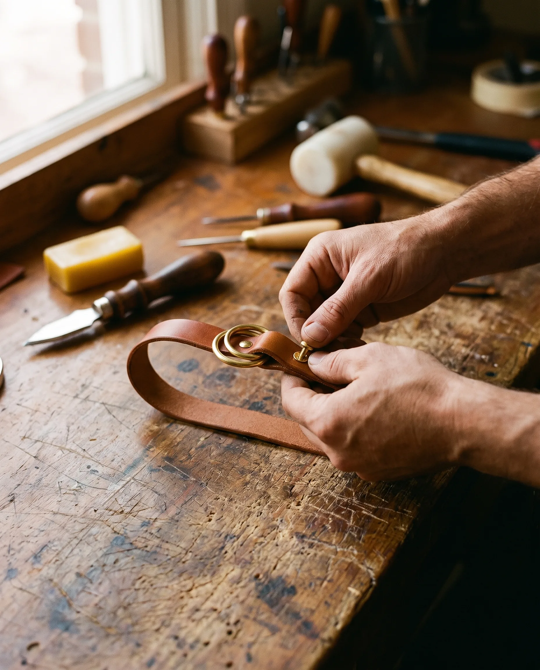 Artisan saddle-stitching the handle