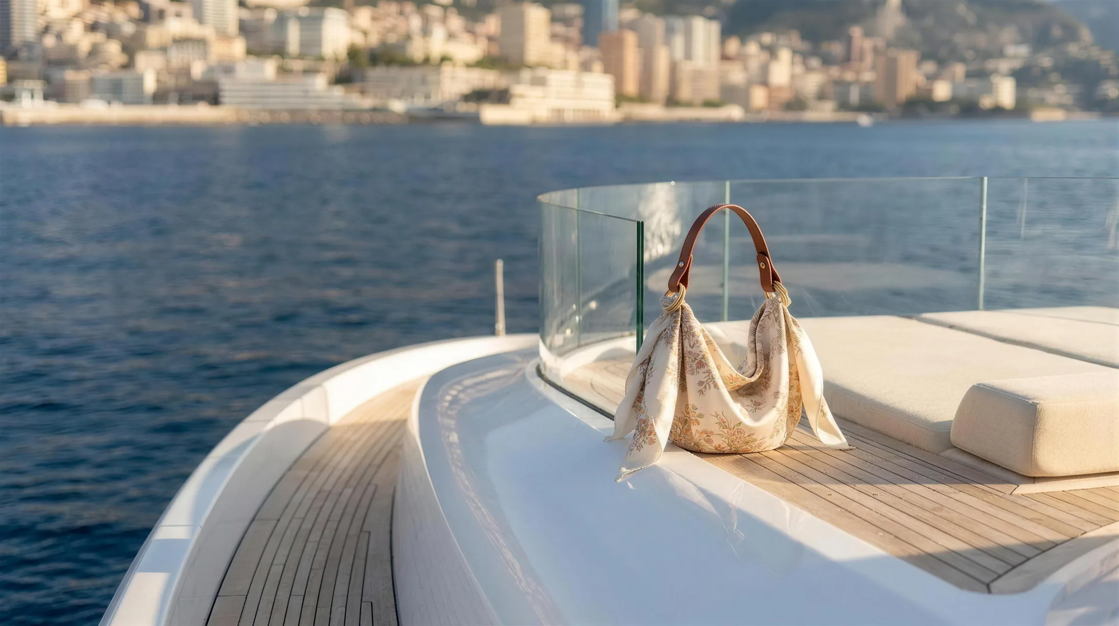 The composed bag on the aft deck of a modern superyacht off Monaco